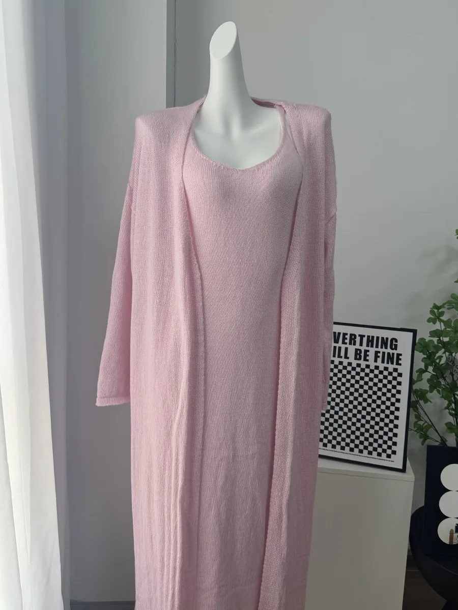 Women's Soft Knitted Hollow Out Vest Long Dress + Long Sleeve Open Cardigan Set Casual Style Round Neckline Ice Cream Color display picture 22