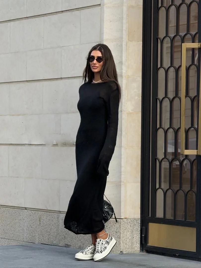 Women's Soft Knitted Hollow Long Dress + Vest Dress Set Casual Style Round Neck Long Sleeve Ice Cream Color European Vacation Fashion display picture 18