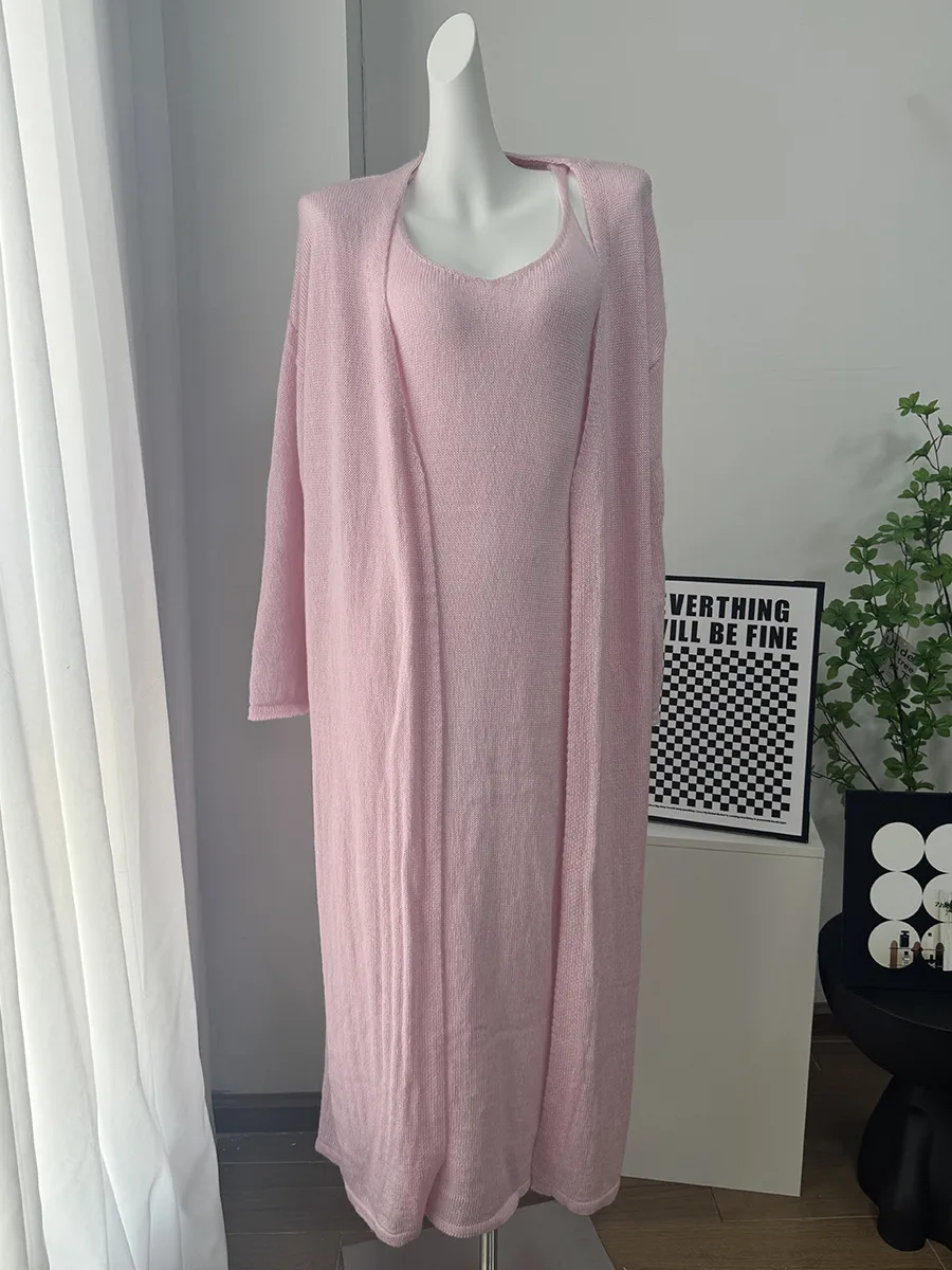 Women's Soft Knitted Hollow Out Vest Long Dress + Long Sleeve Open Cardigan Set Casual Style Round Neckline Ice Cream Color display picture 23