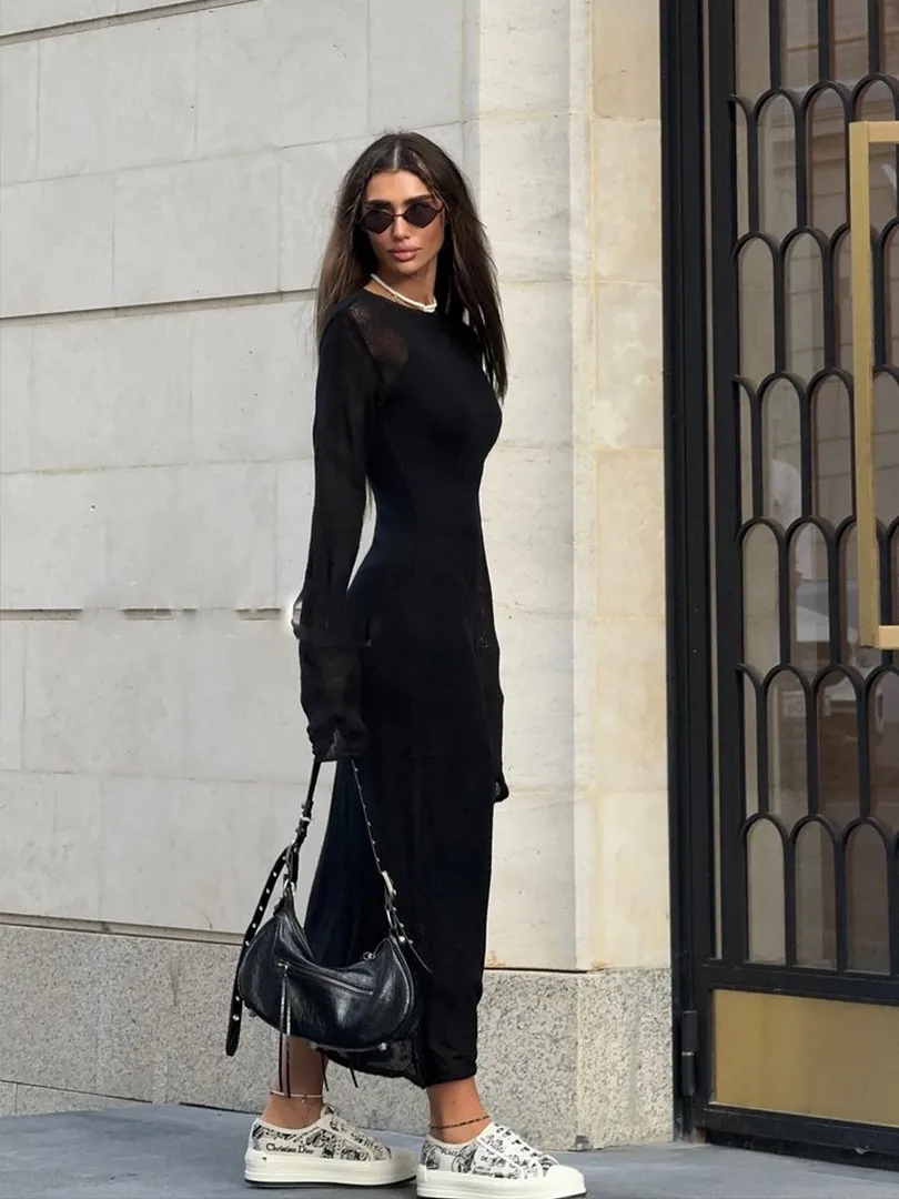 Women's Soft Knitted Hollow Long Dress + Vest Dress Set Casual Style Round Neck Long Sleeve Ice Cream Color European Vacation Fashion display picture 19