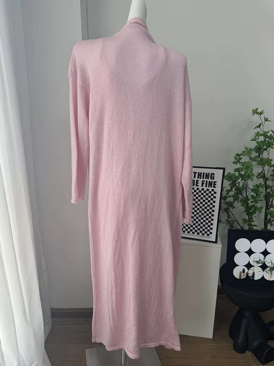 Women's Soft Knitted Hollow Out Vest Long Dress + Long Sleeve Open Cardigan Set Casual Style Round Neckline Ice Cream Color display picture 24