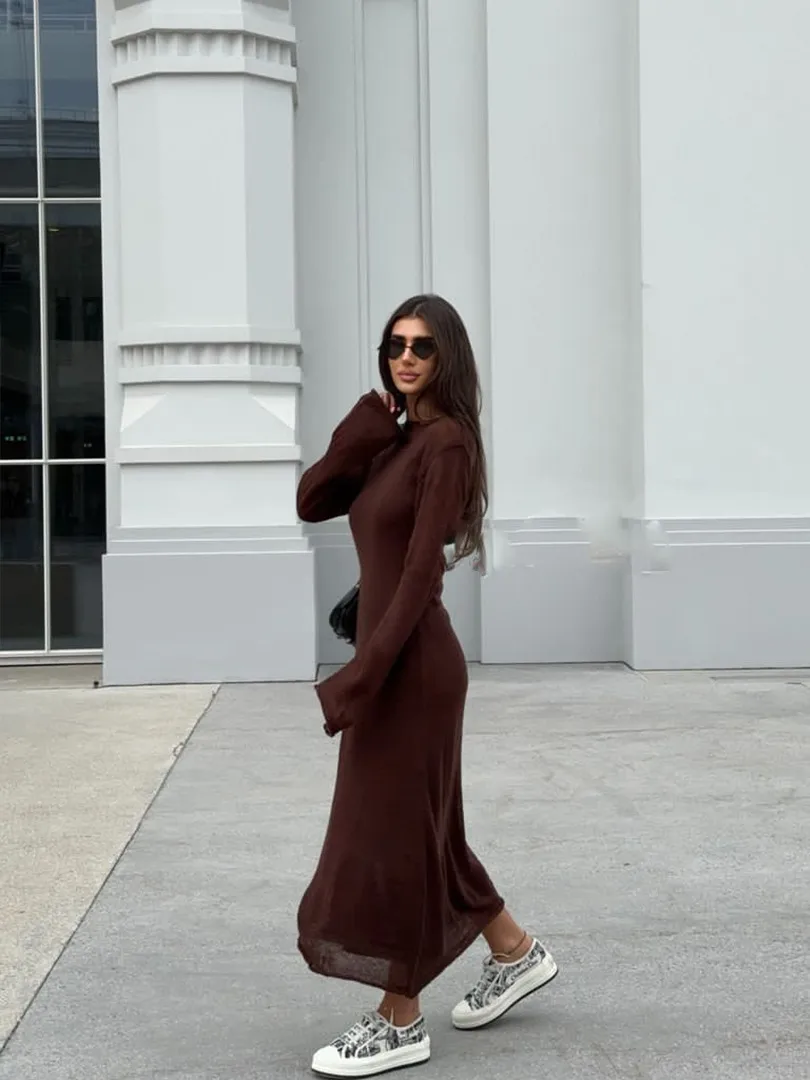 Women's Soft Knitted Hollow Long Dress + Vest Dress Set Casual Style Round Neck Long Sleeve Ice Cream Color European Vacation Fashion display picture 20