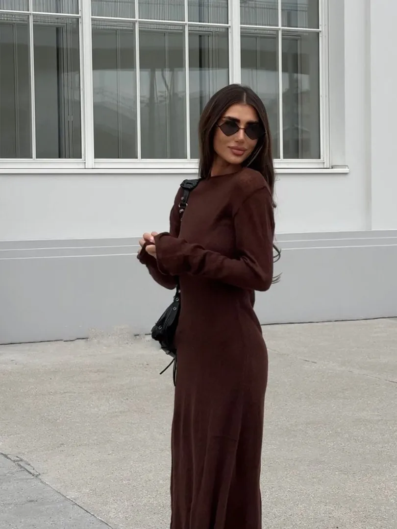Women's Soft Knitted Hollow Long Dress + Vest Dress Set Casual Style Round Neck Long Sleeve Ice Cream Color European Vacation Fashion display picture 21