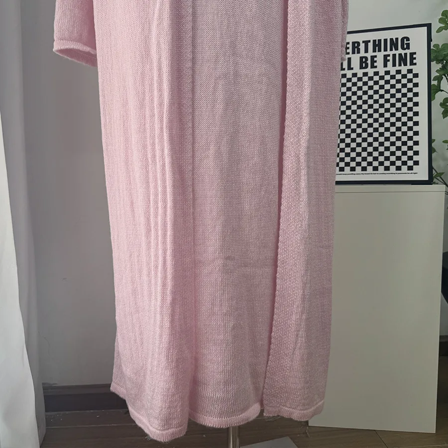 Women's Soft Knitted Hollow Out Vest Long Dress + Long Sleeve Open Cardigan Set Casual Style Round Neckline Ice Cream Color display picture 28