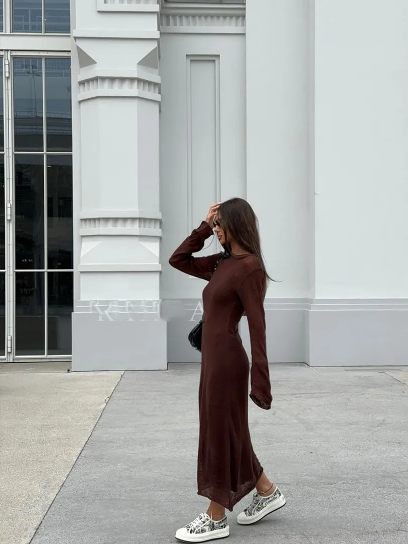 Women's Soft Knitted Hollow Long Dress + Vest Dress Set Casual Style Round Neck Long Sleeve Ice Cream Color European Vacation Fashion display picture 23