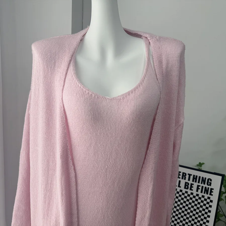 Women's Soft Knitted Hollow Out Vest Long Dress + Long Sleeve Open Cardigan Set Casual Style Round Neckline Ice Cream Color display picture 29