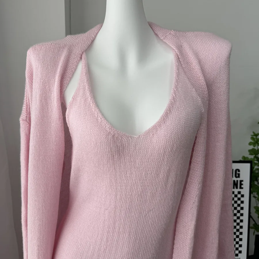 Women's Soft Knitted Hollow Out Vest Long Dress + Long Sleeve Open Cardigan Set Casual Style Round Neckline Ice Cream Color display picture 30