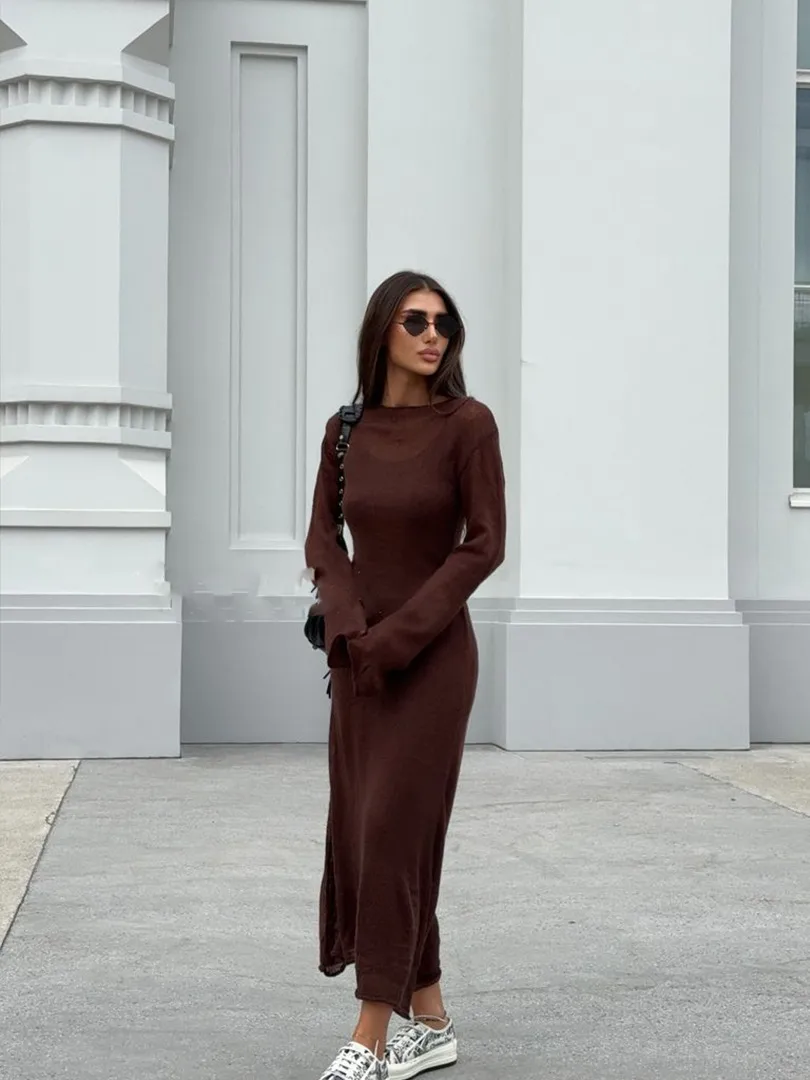 Women's Soft Knitted Hollow Long Dress + Vest Dress Set Casual Style Round Neck Long Sleeve Ice Cream Color European Vacation Fashion display picture 25