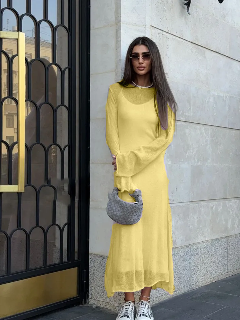 Women's Knitted Hollow Long Dress + Vest Dress Set Soft Knitted Cover Up Casual Long Sleeve Holiday Style Family Gathering Date Tea Party display picture 33