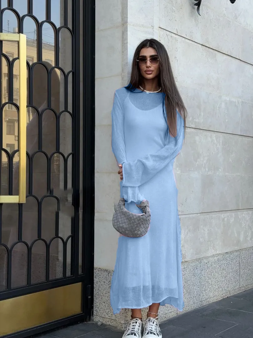 Women's Knitted Hollow Long Dress + Vest Dress Set Soft Knitted Cover Up Casual Long Sleeve Holiday Style Family Gathering Date Tea Party display picture 34
