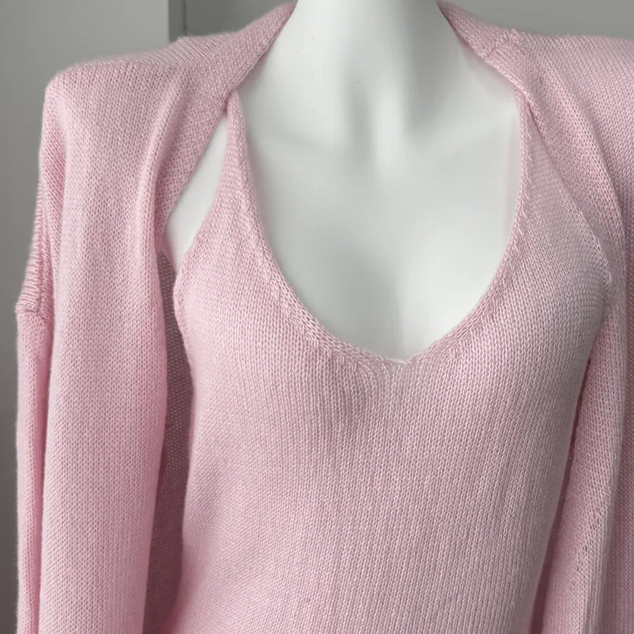 Women's Soft Knitted Hollow Out Vest Long Dress + Long Sleeve Open Cardigan Set Casual Style Round Neckline Ice Cream Color display picture 34