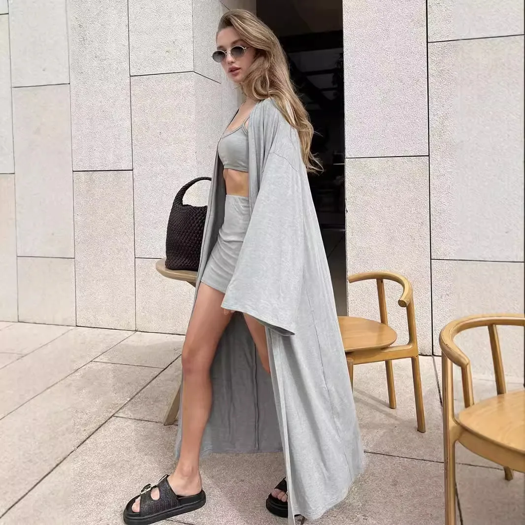 Fashionable Long Open Cardigan Short Skirt Set Women's Strap Vest Three-piece Casual Streetwear Loose Fit Modal Fabric display picture 6