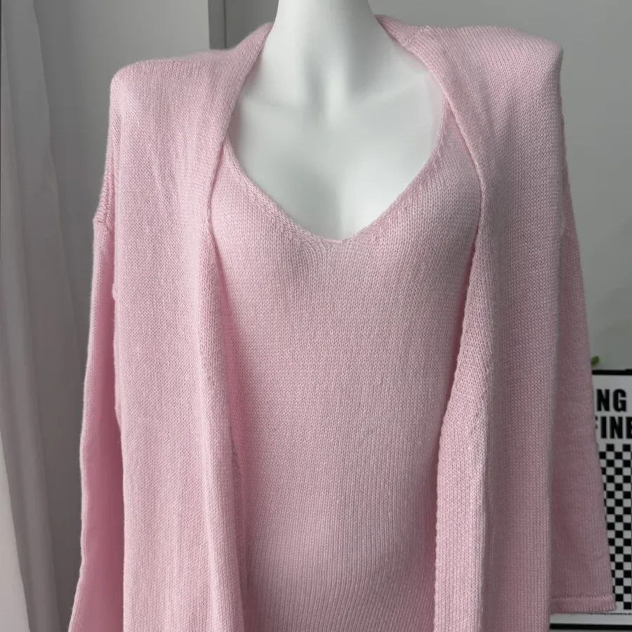 Women's Soft Knitted Hollow Out Vest Long Dress + Long Sleeve Open Cardigan Set Casual Style Round Neckline Ice Cream Color display picture 36