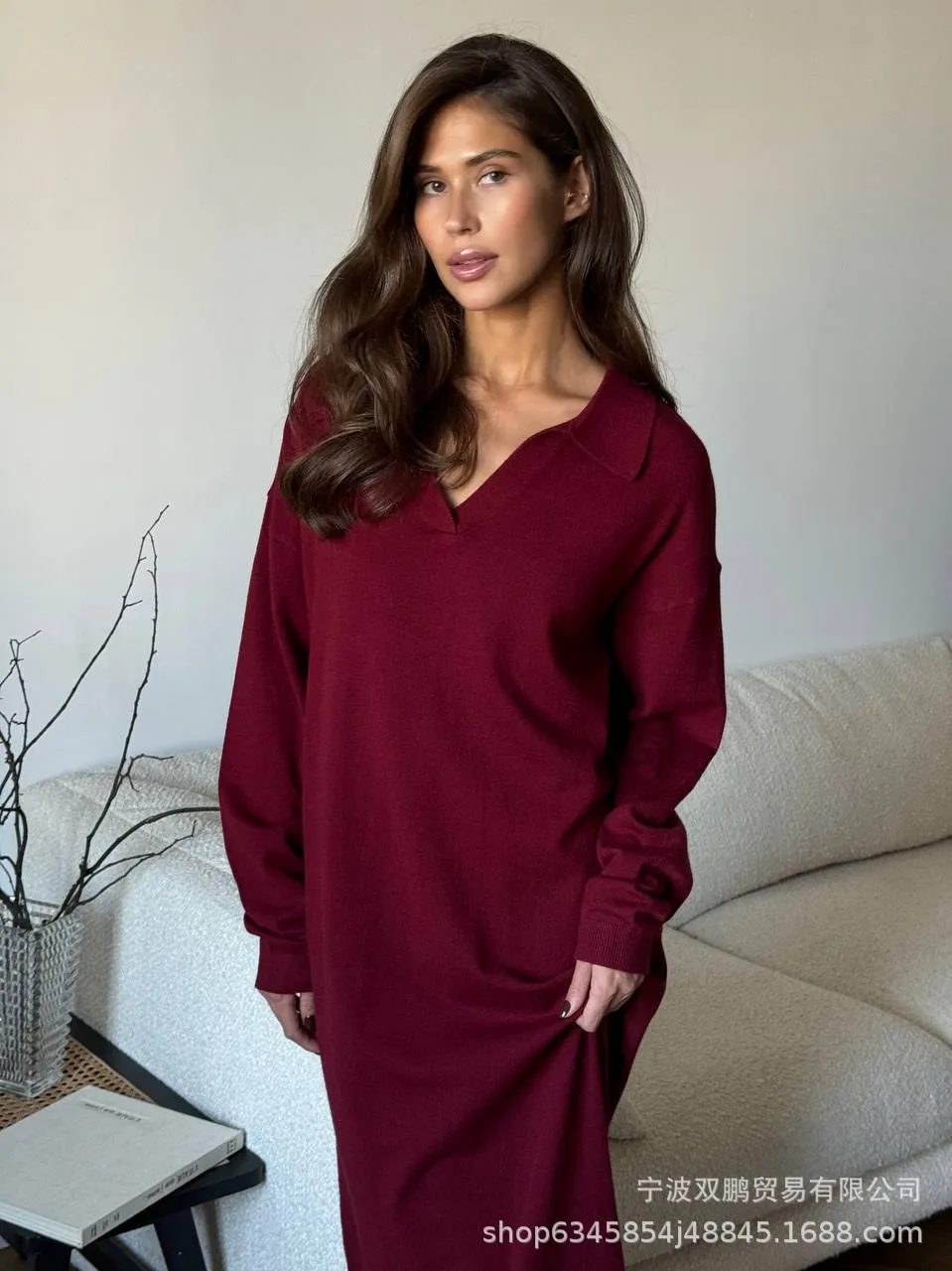 Elegant Long Sweater Dress European Style Casual Fashion Autumn Winter Women's Plus Size Scissors Collar Versatile Casual Wear display picture 9