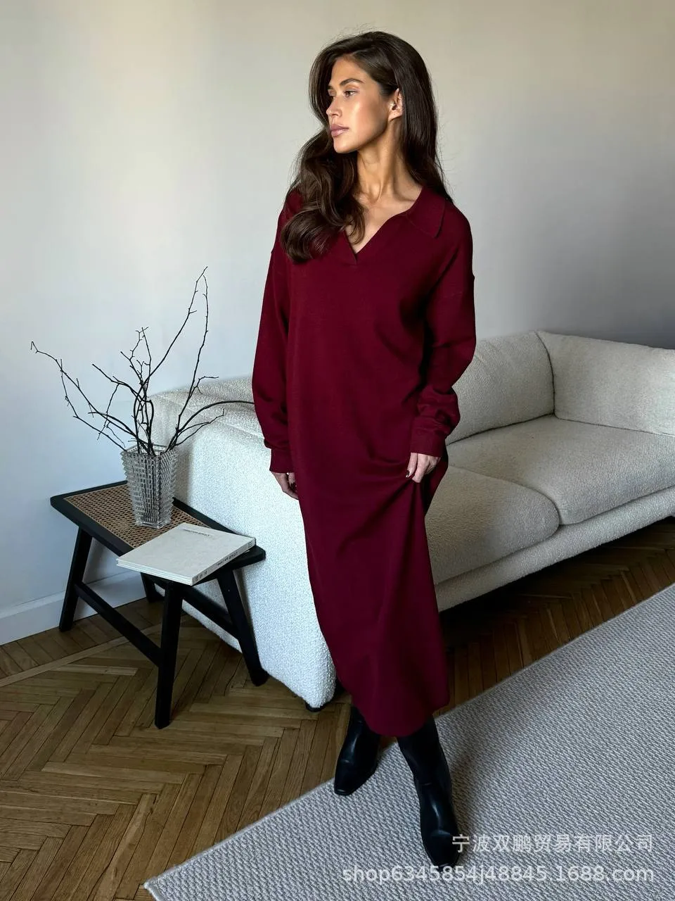 Elegant Long Sweater Dress European Style Casual Fashion Autumn Winter Women's Plus Size Scissors Collar Versatile Casual Wear display picture 10
