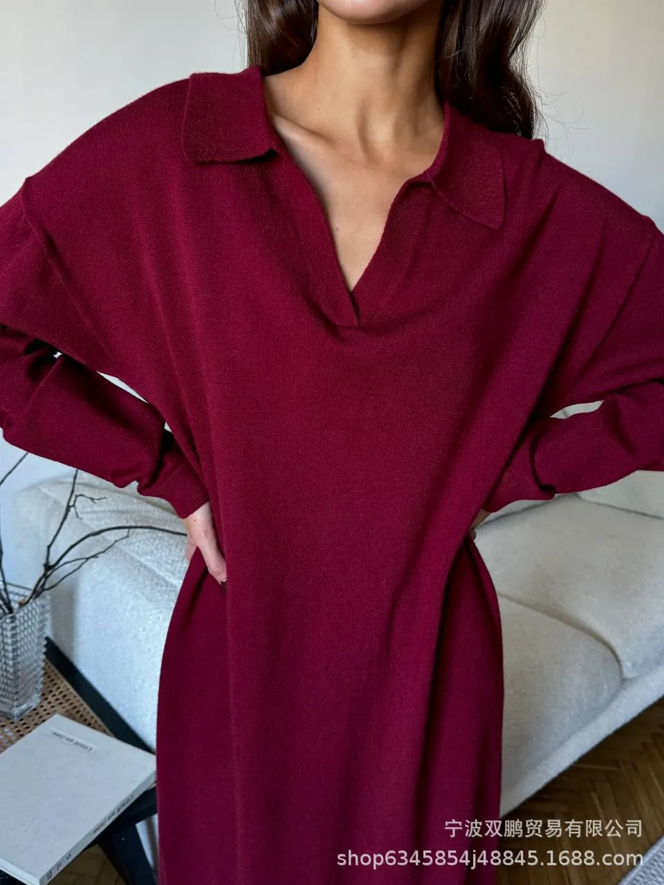 Elegant Long Sweater Dress European Style Casual Fashion Autumn Winter Women's Plus Size Scissors Collar Versatile Casual Wear display picture 11