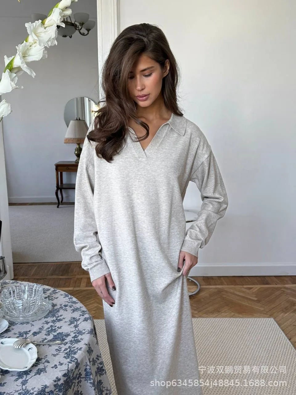Elegant Long Sweater Dress European Style Casual Fashion Autumn Winter Women's Plus Size Scissors Collar Versatile Casual Wear display picture 13