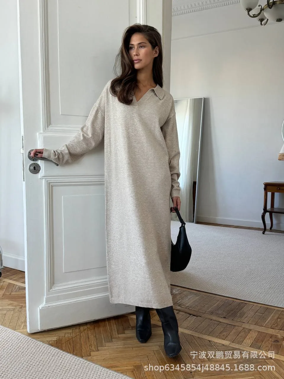 Elegant Long Sweater Dress European Style Casual Fashion Autumn Winter Women's Plus Size Scissors Collar Versatile Casual Wear display picture 16