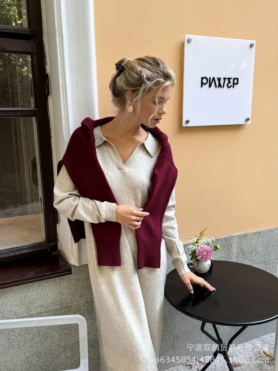 Elegant Long Sweater Dress European Style Casual Fashion Autumn Winter Women's Plus Size Scissors Collar Versatile Casual Wear display picture 17