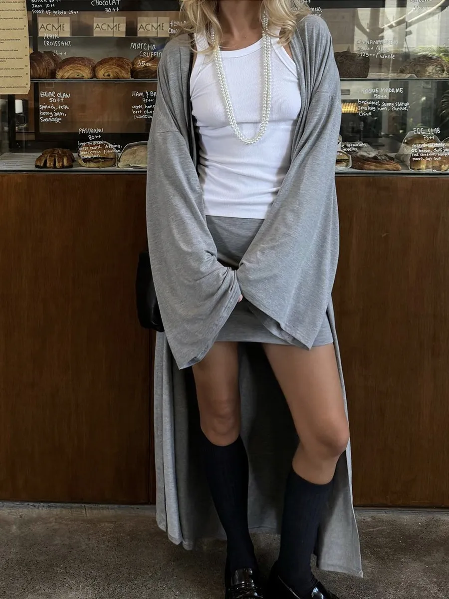 Fashionable Long Open Cardigan Short Skirt Set Women's Strap Vest Three-piece Casual Streetwear Loose Fit Modal Fabric display picture 10