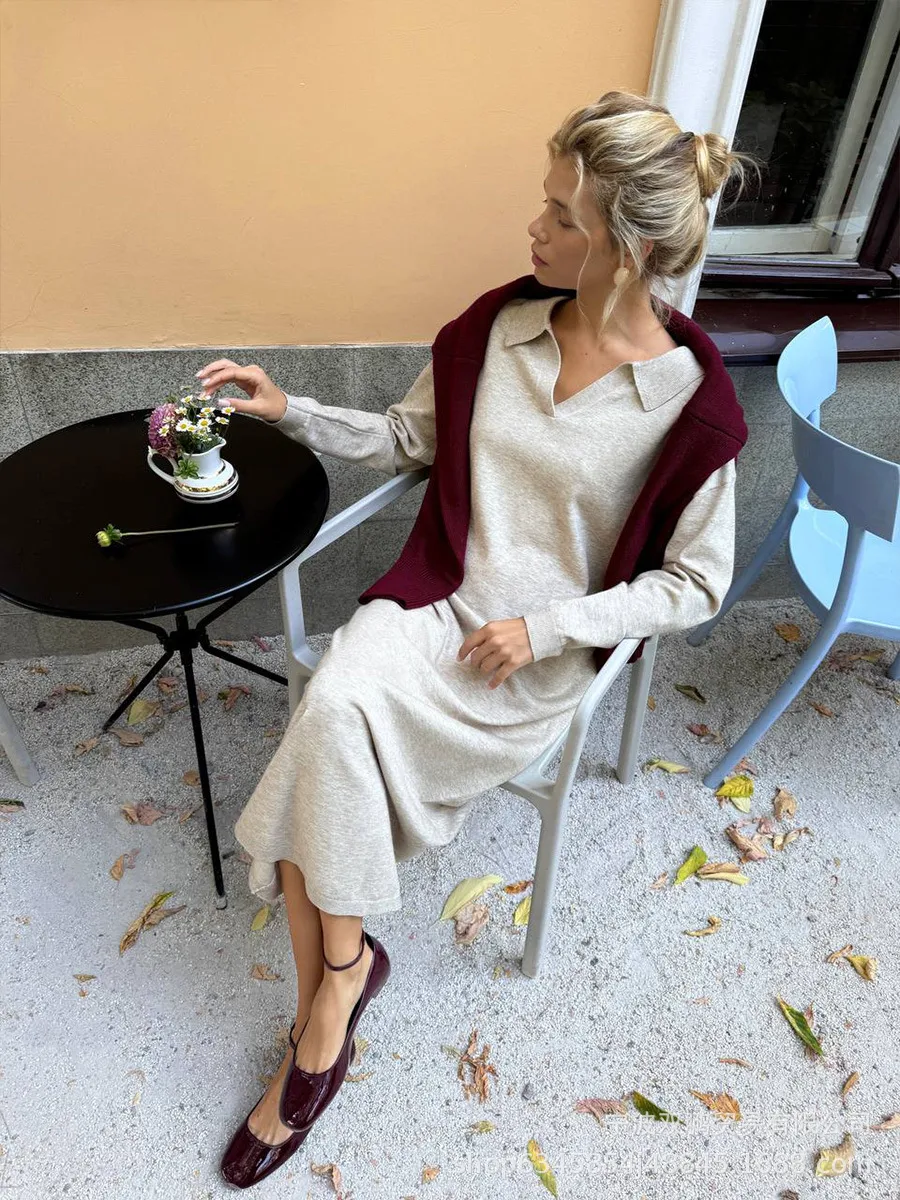 Elegant Long Sweater Dress European Style Casual Fashion Autumn Winter Women's Plus Size Scissors Collar Versatile Casual Wear display picture 18