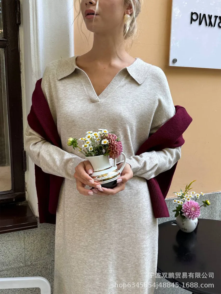 Elegant Long Sweater Dress European Style Casual Fashion Autumn Winter Women's Plus Size Scissors Collar Versatile Casual Wear display picture 20