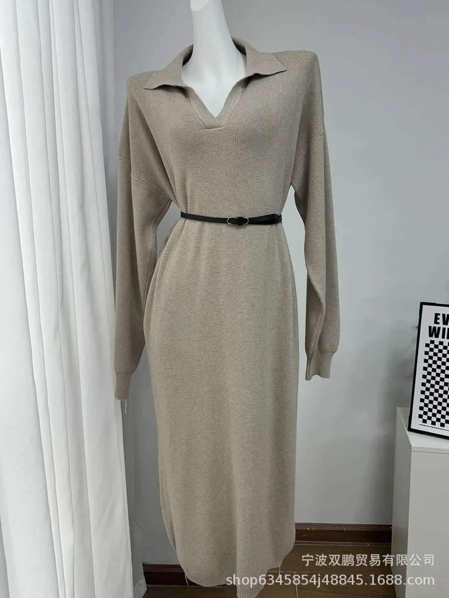 Elegant Long Sweater Dress European Style Casual Fashion Autumn Winter Women's Plus Size Scissors Collar Versatile Casual Wear display picture 27