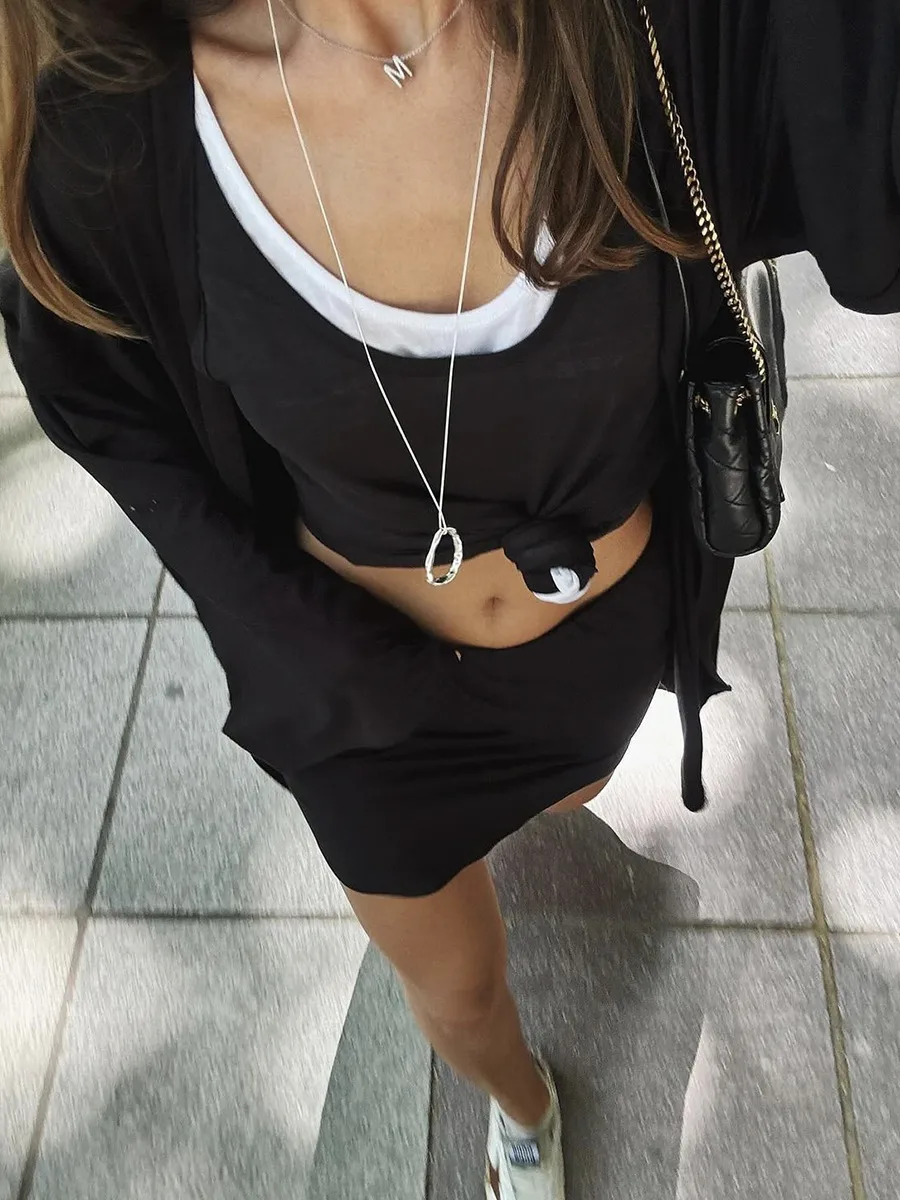 Fashionable Long Open Cardigan Short Skirt Set Women's Strap Vest Three-piece Casual Streetwear Loose Fit Modal Fabric display picture 27