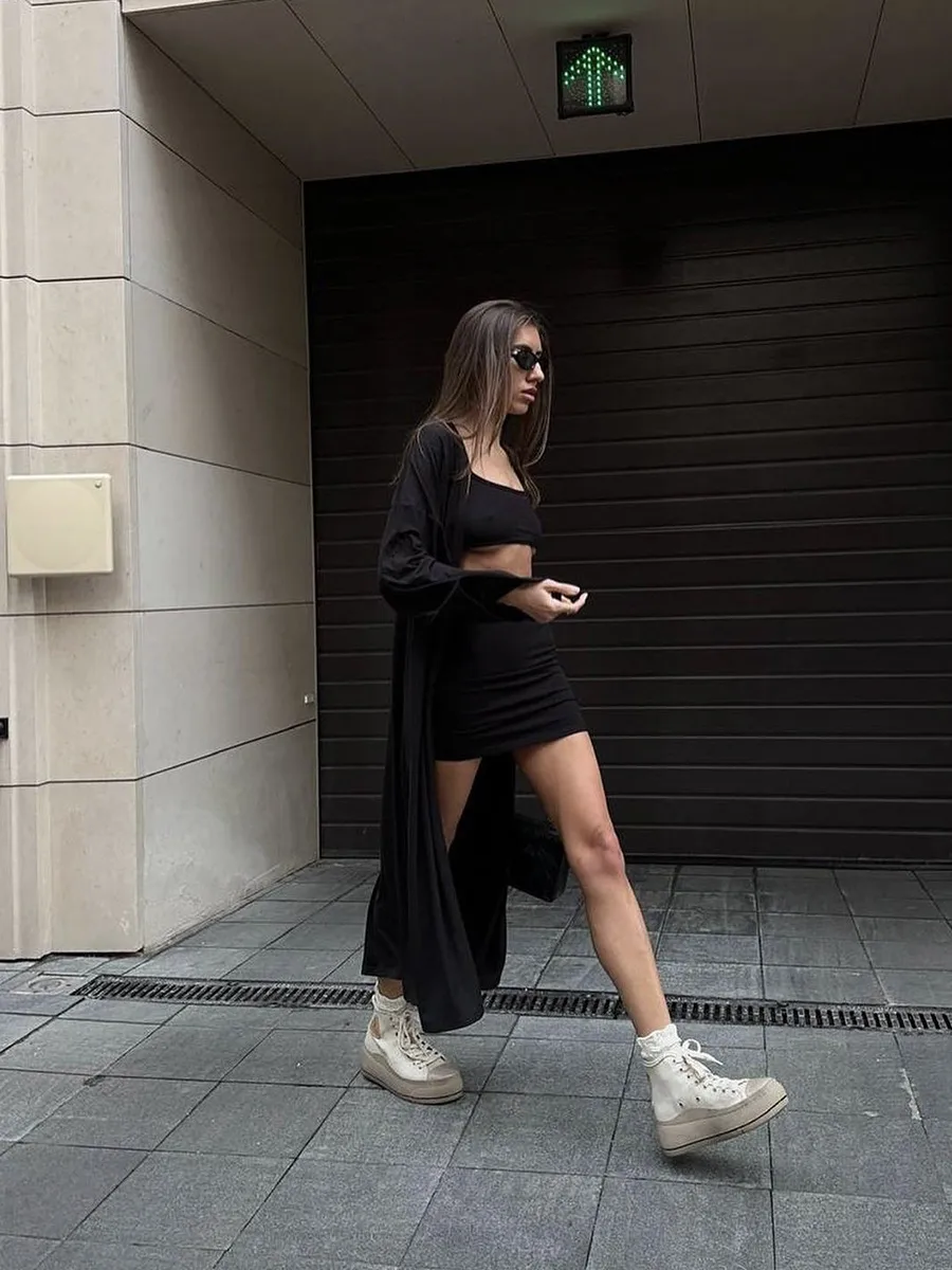 Fashionable Long Open Cardigan Short Skirt Set Women's Strap Vest Three-piece Casual Streetwear Loose Fit Modal Fabric display picture 34
