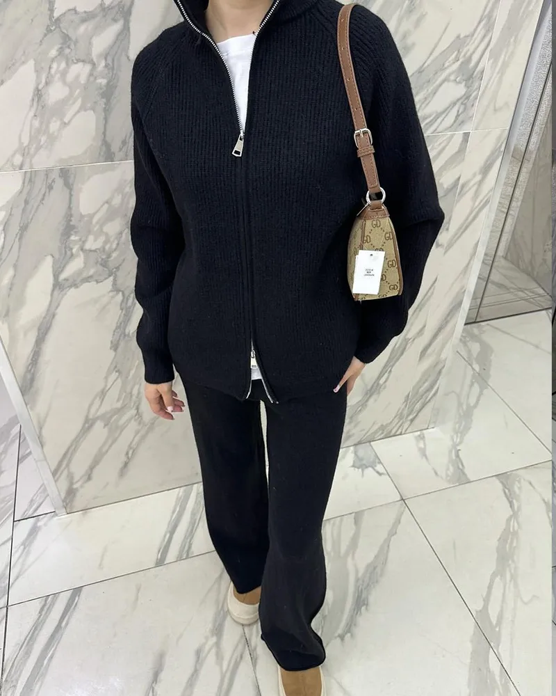 Red Knitted Cashmere Imitation Sweater Set With Zipper Top Wide Leg Pants Casual Women Fashion Set Long Sleeve Solid Color display picture 2