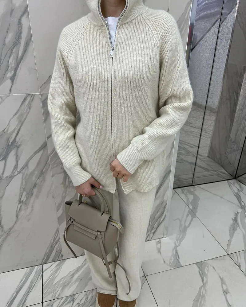 Red Knitted Cashmere Imitation Sweater Set With Zipper Top Wide Leg Pants Casual Women Fashion Set Long Sleeve Solid Color display picture 4