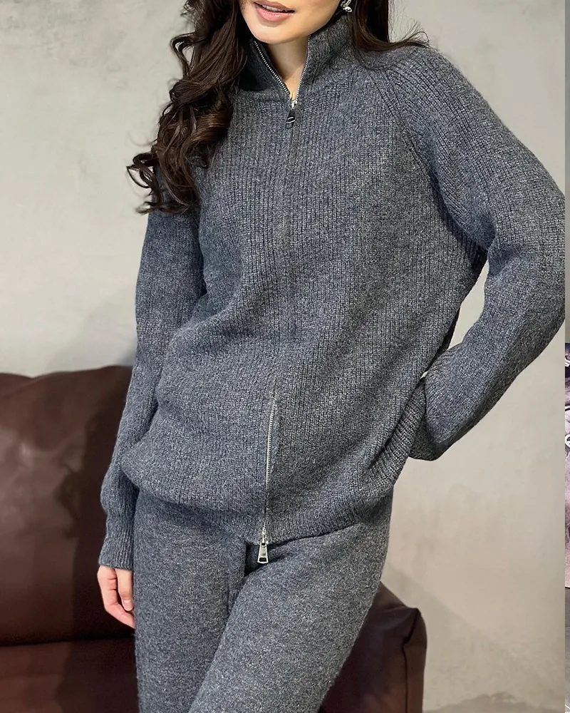 Red Knitted Cashmere Imitation Sweater Set With Zipper Top Wide Leg Pants Casual Women Fashion Set Long Sleeve Solid Color display picture 7