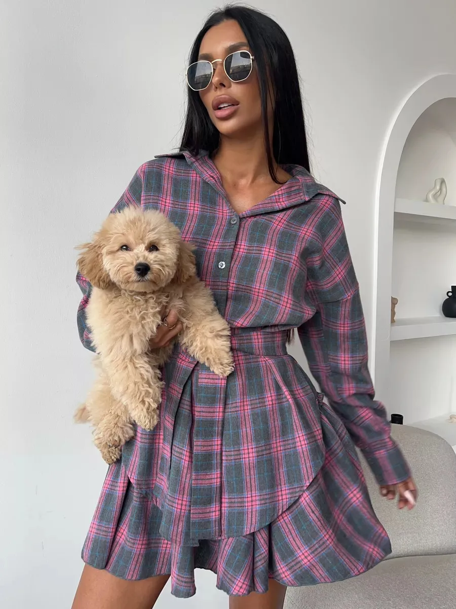 Fashionable Casual Plaid Skirt Set Women's Loose Collar Shirt Waist Cinched Mini Dress Two Piece Set Long Sleeve New Style display picture 3