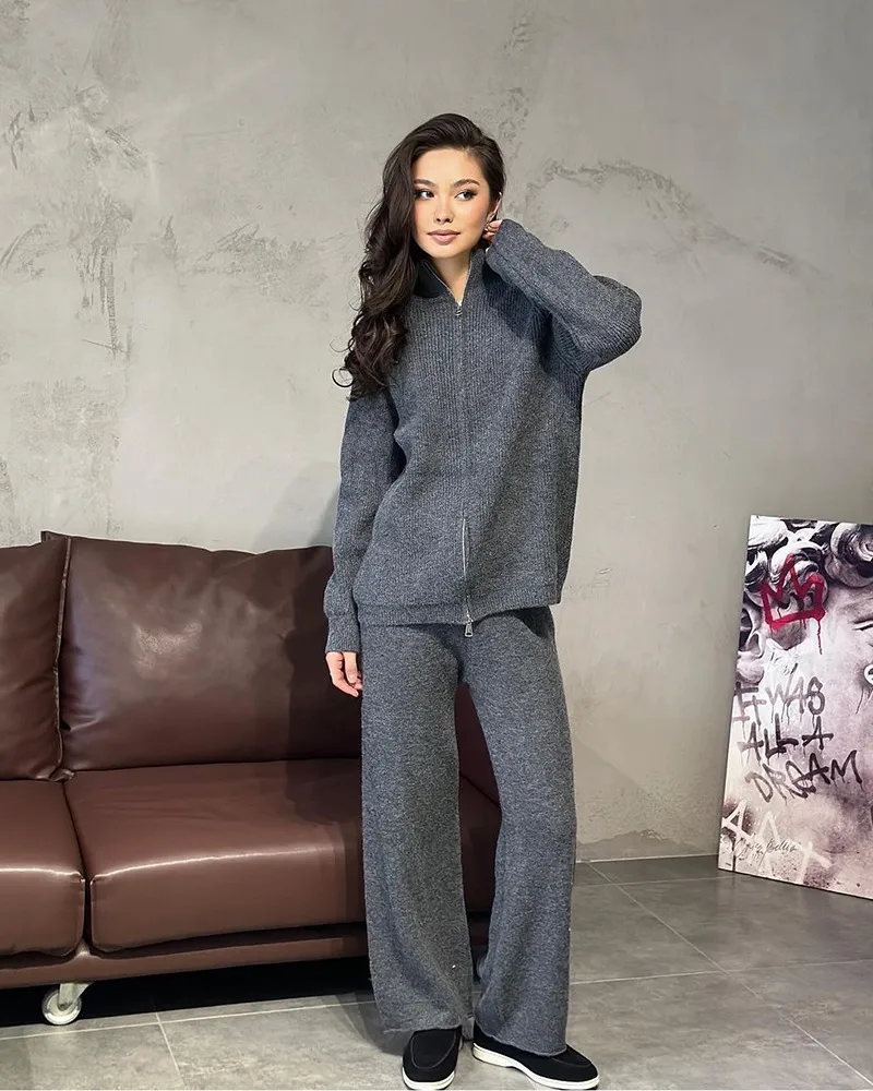 Red Knitted Cashmere Imitation Sweater Set With Zipper Top Wide Leg Pants Casual Women Fashion Set Long Sleeve Solid Color display picture 8