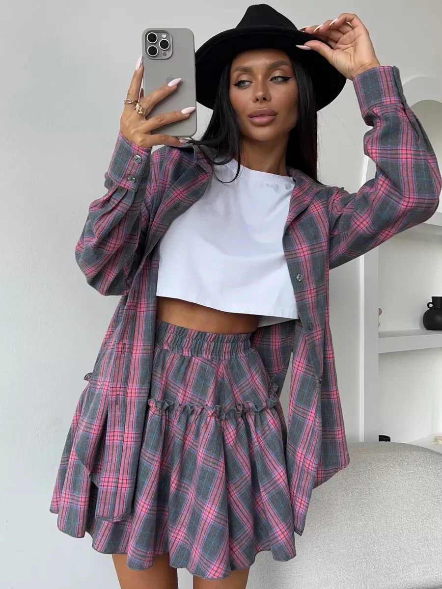 Fashionable Casual Plaid Skirt Set Women's Loose Collar Shirt Waist Cinched Mini Dress Two Piece Set Long Sleeve New Style display picture 5