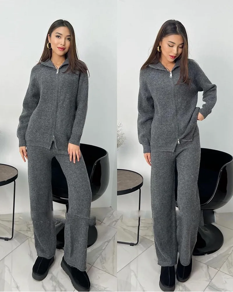 Red Knitted Cashmere Imitation Sweater Set With Zipper Top Wide Leg Pants Casual Women Fashion Set Long Sleeve Solid Color display picture 10