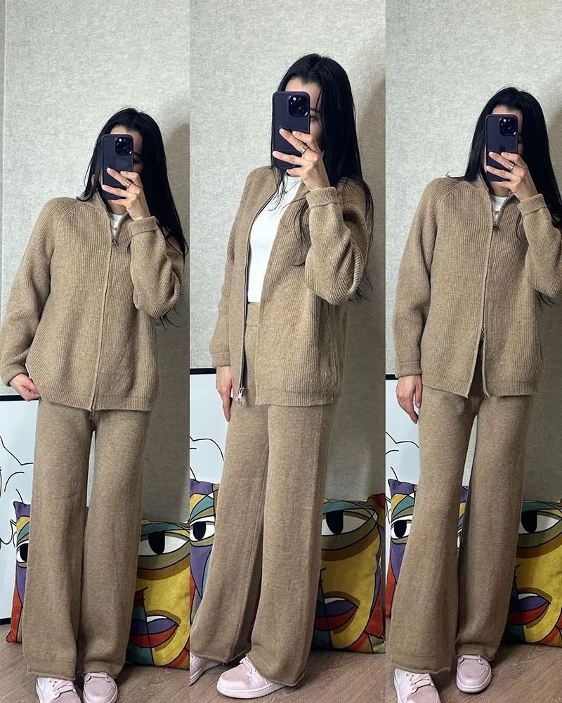 Red Knitted Cashmere Imitation Sweater Set With Zipper Top Wide Leg Pants Casual Women Fashion Set Long Sleeve Solid Color display picture 12
