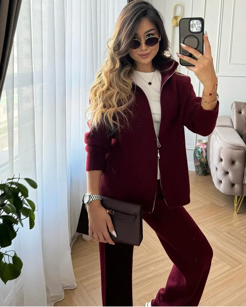 Red Knitted Cashmere Imitation Sweater Set With Zipper Top Wide Leg Pants Casual Women Fashion Set Long Sleeve Solid Color display picture 13