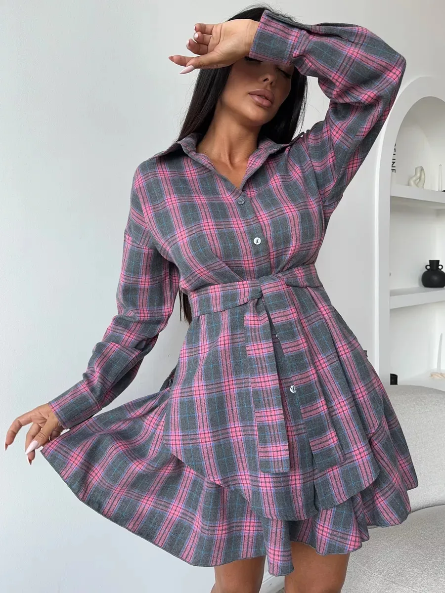 Fashionable Casual Plaid Skirt Set Women's Loose Collar Shirt Waist Cinched Mini Dress Two Piece Set Long Sleeve New Style display picture 8