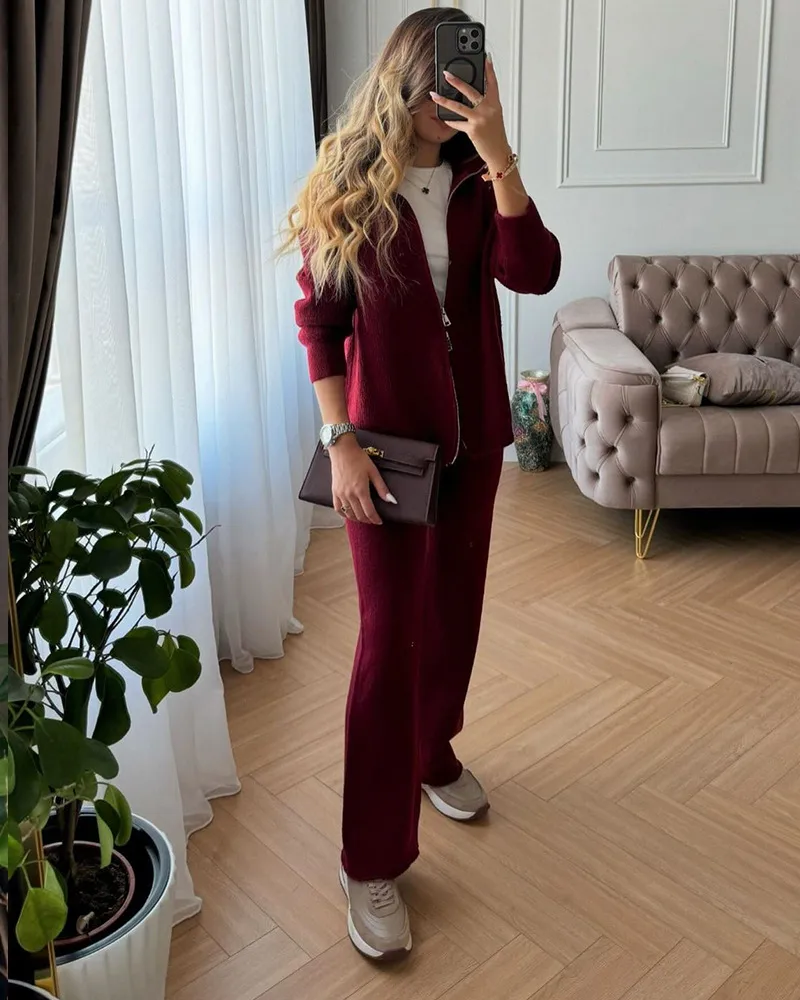 Red Knitted Cashmere Imitation Sweater Set With Zipper Top Wide Leg Pants Casual Women Fashion Set Long Sleeve Solid Color display picture 14