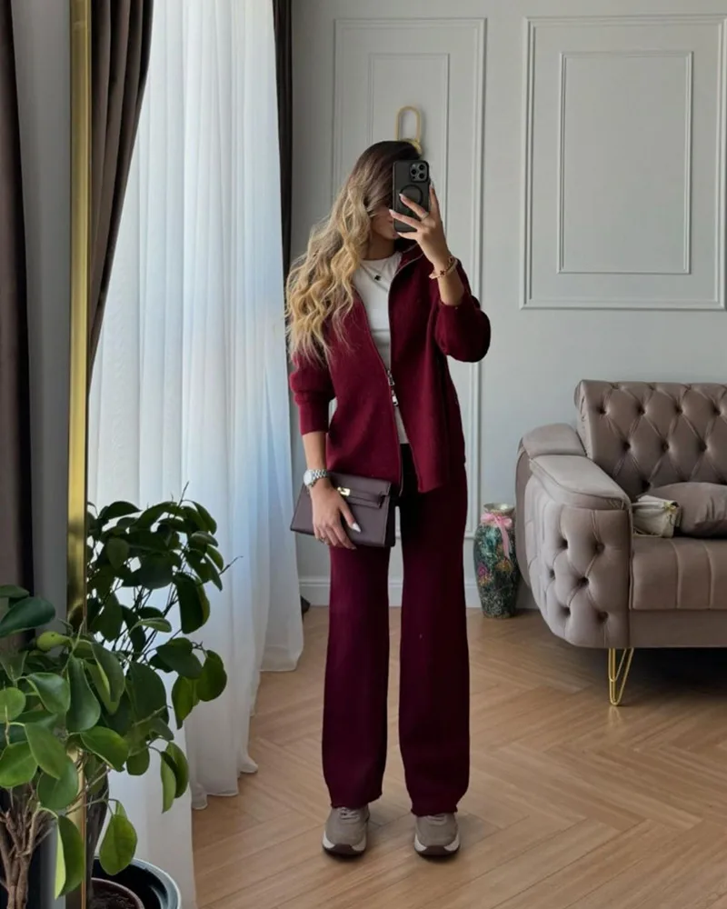 Red Knitted Cashmere Imitation Sweater Set With Zipper Top Wide Leg Pants Casual Women Fashion Set Long Sleeve Solid Color display picture 15