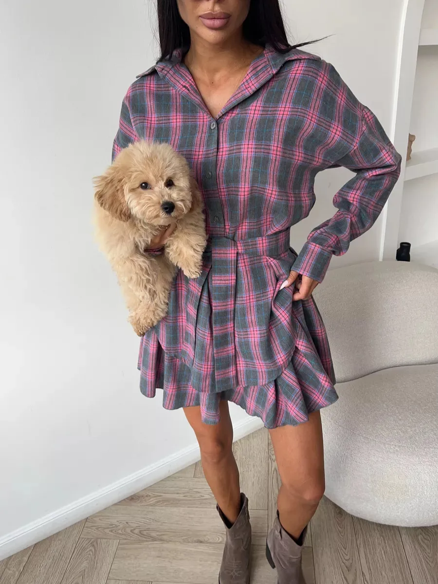 Fashionable Casual Plaid Skirt Set Women's Loose Collar Shirt Waist Cinched Mini Dress Two Piece Set Long Sleeve New Style display picture 10