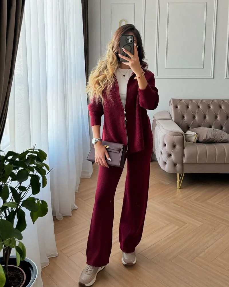 Red Knitted Cashmere Imitation Sweater Set With Zipper Top Wide Leg Pants Casual Women Fashion Set Long Sleeve Solid Color display picture 16
