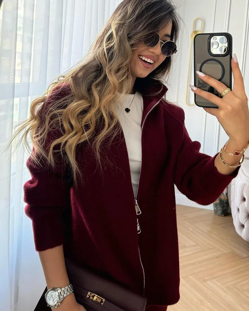 Red Knitted Cashmere Imitation Sweater Set With Zipper Top Wide Leg Pants Casual Women Fashion Set Long Sleeve Solid Color display picture 17