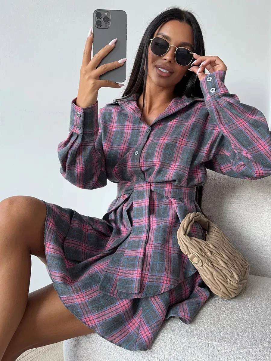 Fashionable Casual Plaid Skirt Set Women's Loose Collar Shirt Waist Cinched Mini Dress Two Piece Set Long Sleeve New Style display picture 12