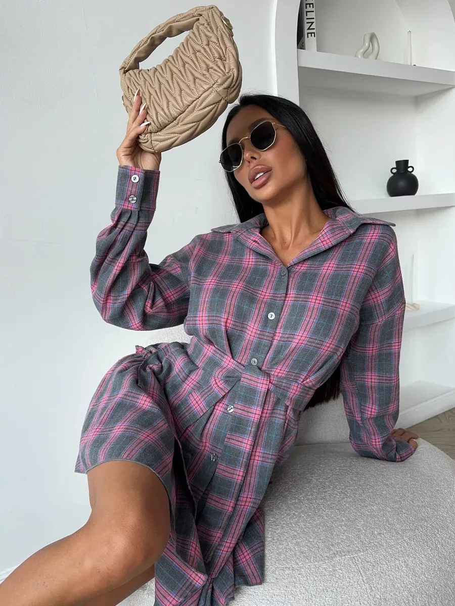 Fashionable Casual Plaid Skirt Set Women's Loose Collar Shirt Waist Cinched Mini Dress Two Piece Set Long Sleeve New Style display picture 13