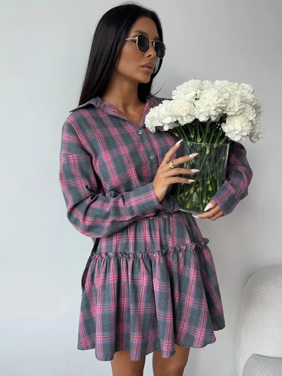 Fashionable Casual Plaid Skirt Set Women's Loose Collar Shirt Waist Cinched Mini Dress Two Piece Set Long Sleeve New Style display picture 14