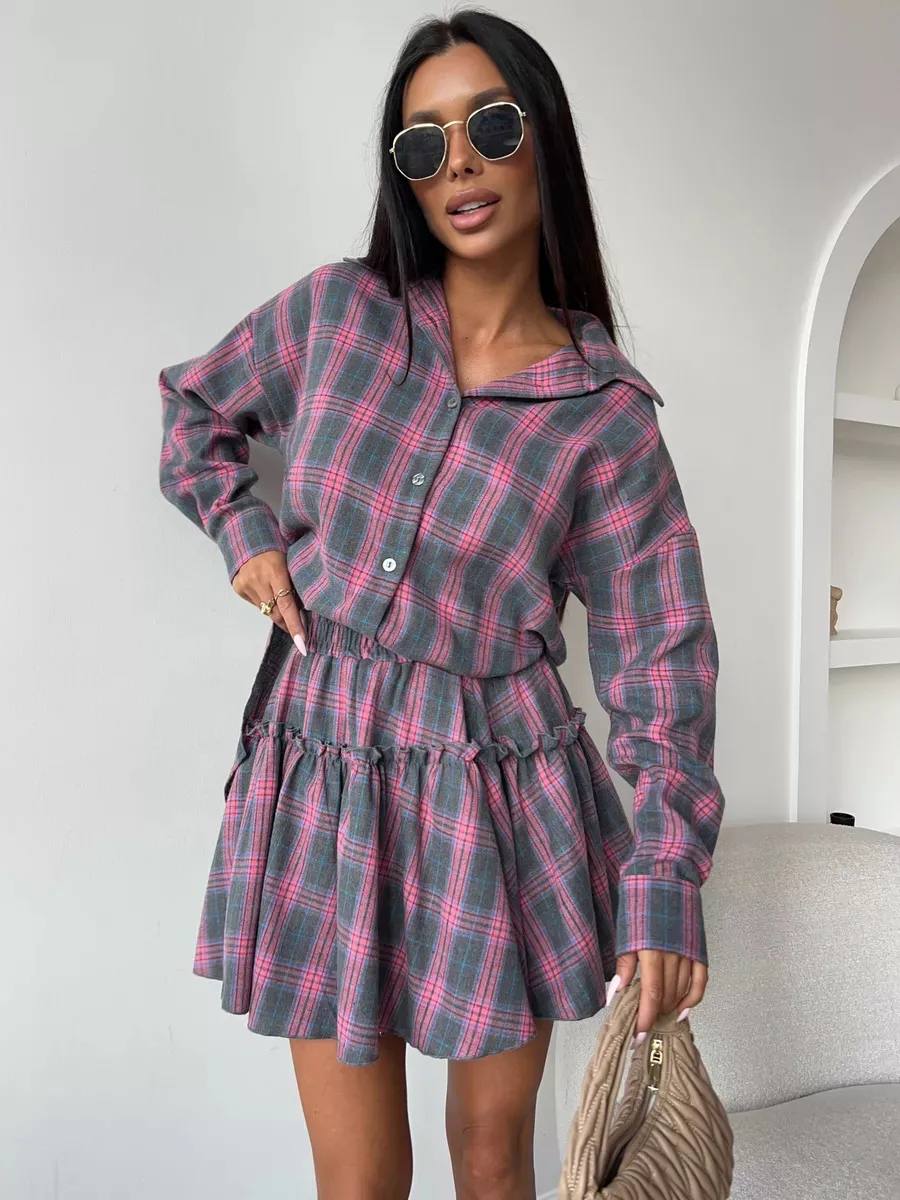 Fashionable Casual Plaid Skirt Set Women's Loose Collar Shirt Waist Cinched Mini Dress Two Piece Set Long Sleeve New Style display picture 16