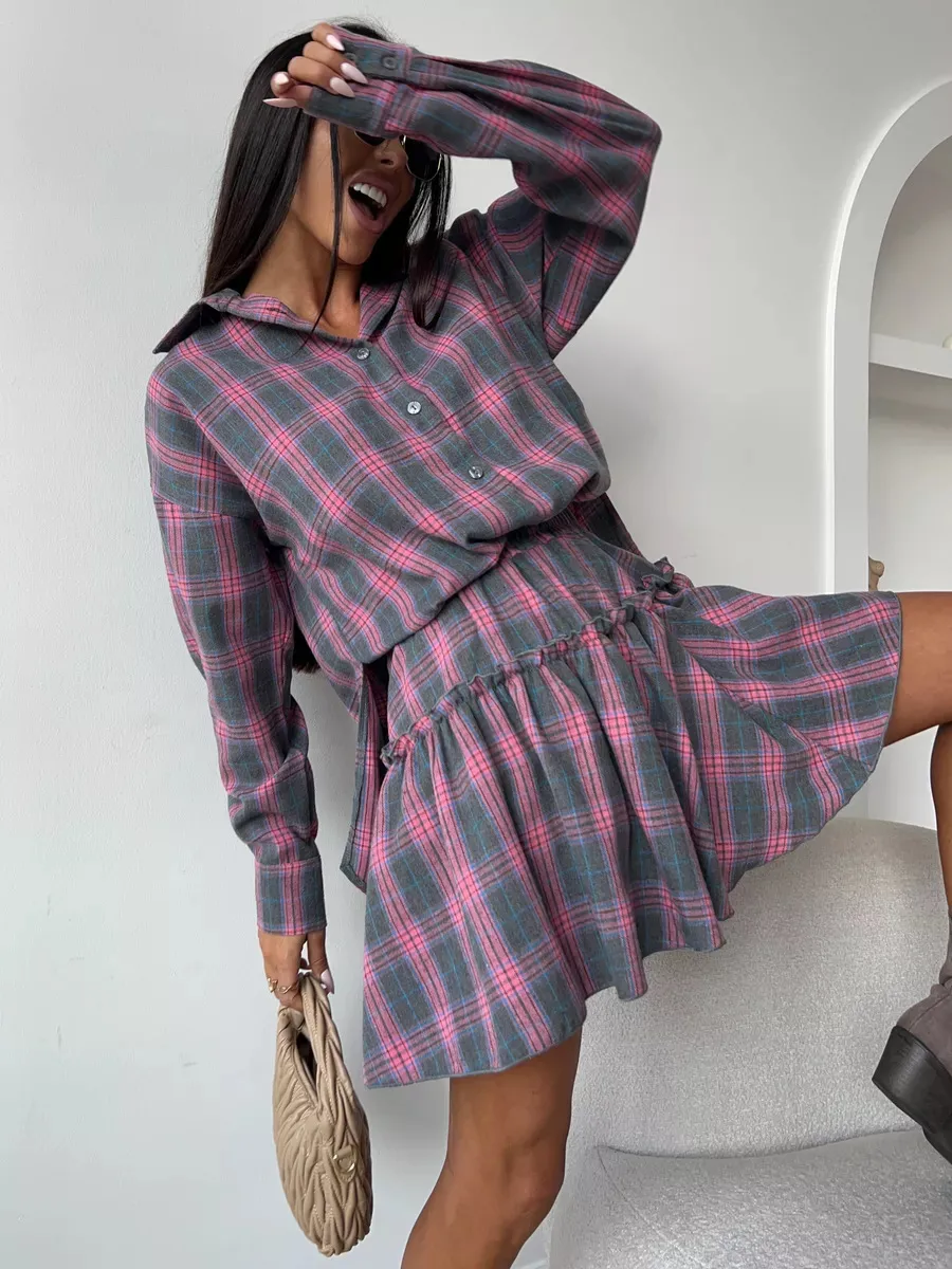 Fashionable Casual Plaid Skirt Set Women's Loose Collar Shirt Waist Cinched Mini Dress Two Piece Set Long Sleeve New Style display picture 20