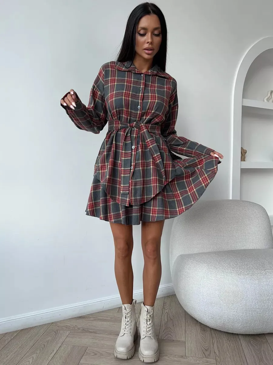 Fashionable Casual Plaid Skirt Set Women's Loose Collar Shirt Waist Cinched Mini Dress Two Piece Set Long Sleeve New Style display picture 23